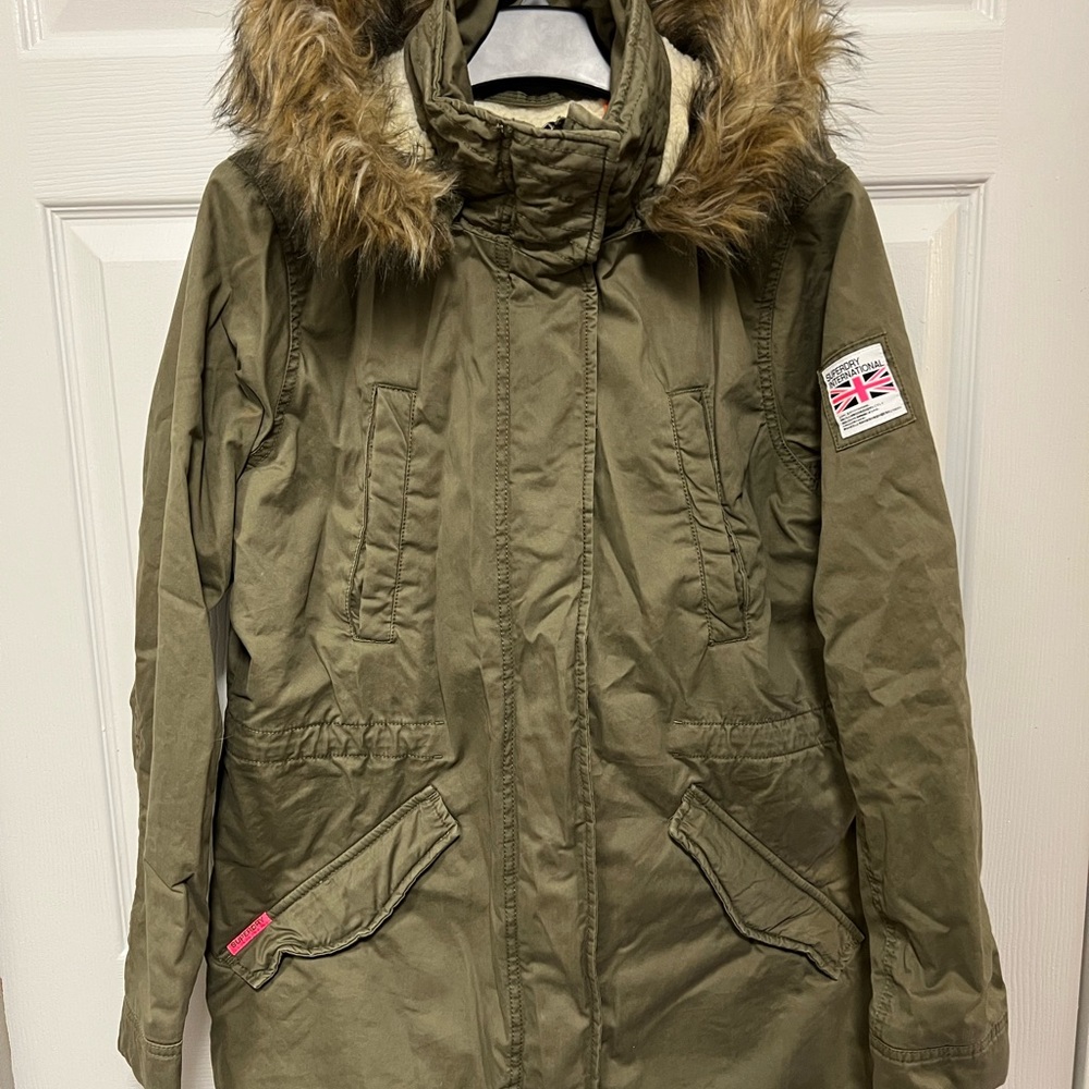 Superdry Rookie Heavy Weather Parka Jacket Faux Fur ‘Deepest Army’ Color | Sz XL